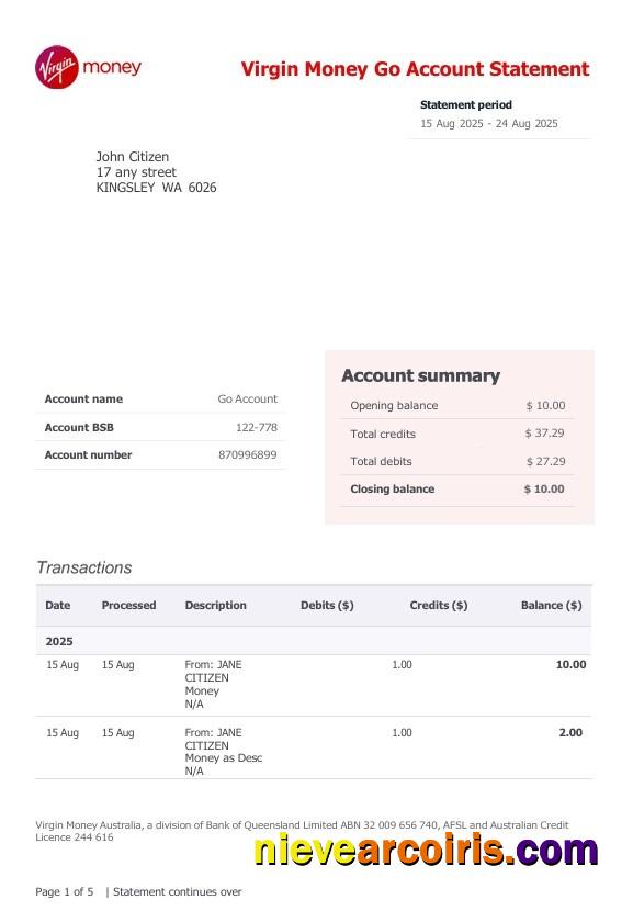 United Kingdom Virgin Money Go Account bank Statement